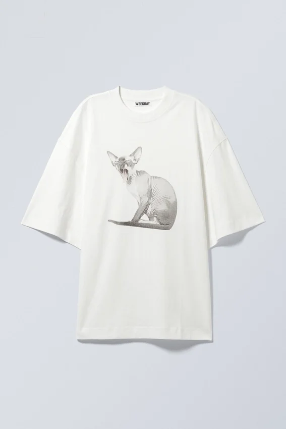 Camiseta estampada oversize ancha – Blanco – Gato Sphynx Camiseta estampada oversize ancha – Blanco – Gato Sphynx