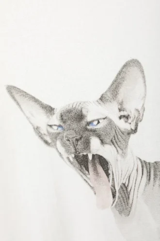 Camiseta estampada oversize ancha – Blanco – Gato Sphynx