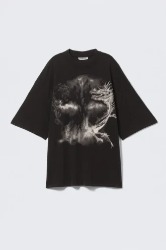 Camiseta estampada oversize ancha – Negro – Dragón