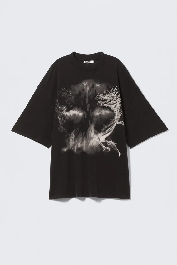 Camiseta estampada oversize ancha – Negro – Dragón Camiseta estampada oversize ancha – Negro – Dragón