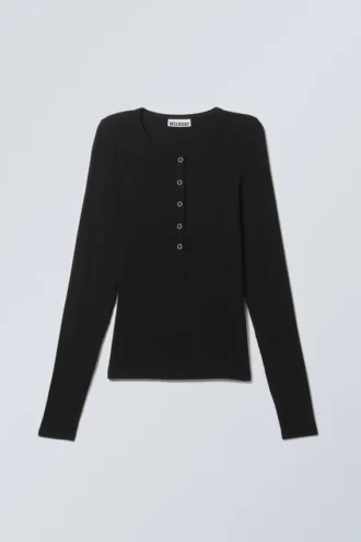 Camiseta Henley de manga larga con canalé transparente – Negro