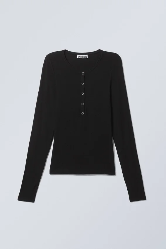 Camiseta Henley de manga larga con canalé transparente – Negro Camiseta Henley de manga larga con canalé transparente – Negro