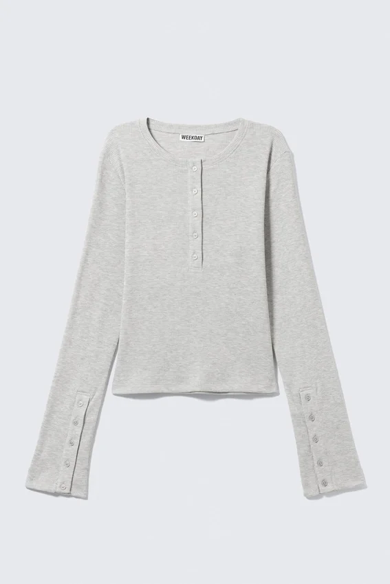 Camiseta Henley de manga larga con tejido de gofre – Gris jaspeado Camiseta Henley de manga larga con tejido de gofre – Gris jaspeado