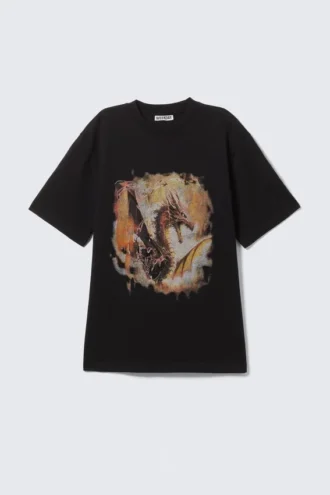 Camiseta holgada con estampados – Negro – Dragon Gate