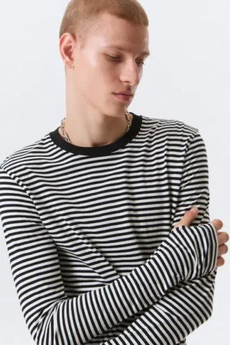 Camiseta holgada de algodón de manga larga – Rayas blancas y negras