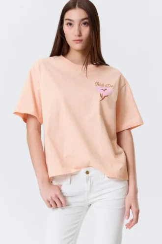 Camiseta holgada estampada – Naranja claro – Flor rosa