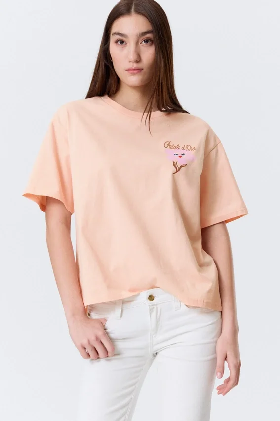 Camiseta holgada estampada – Naranja claro – Flor rosa Camiseta holgada estampada – Naranja claro – Flor rosa