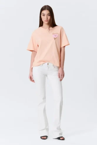 Camiseta holgada estampada – Naranja claro – Flor rosa