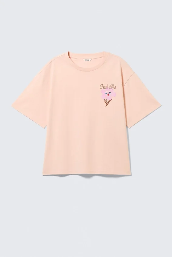Camiseta holgada estampada – Naranja claro – Flor rosa Camiseta holgada estampada – Naranja claro – Flor rosa
