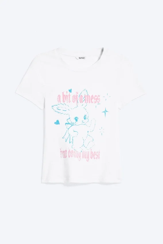 Camiseta mini ajustada con estampados – Blanca – Conejo blanco Camiseta mini ajustada con estampados – Blanca – Conejo blanco