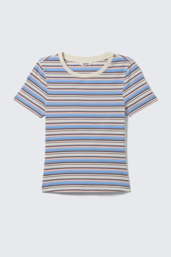 Camiseta mini ajustada – Rayas multicolor azul/rosa Camiseta mini ajustada – Rayas multicolor azul/rosa