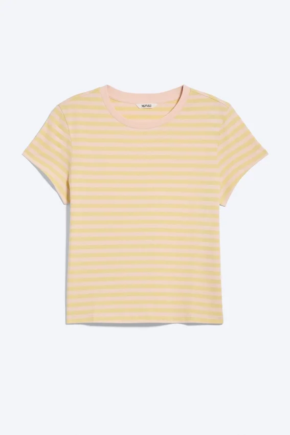Camiseta mini de corte regular – Rayas amarillo lima/rosa melocotón Camiseta mini de corte regular – Rayas amarillo lima/rosa melocotón