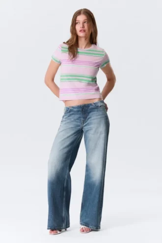 Camiseta mini de corte regular – Rayas rosa/verde