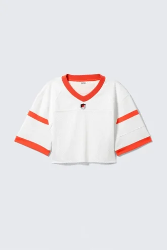 Camiseta oversize corta de malla – Blanco/Rojo
