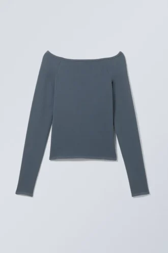 Camiseta sin costuras con hombros descubiertos y manga larga – Verde oscuro