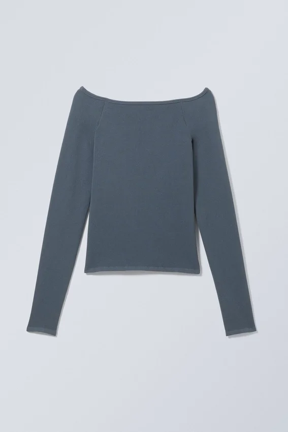 Camiseta sin costuras con hombros descubiertos y manga larga – Verde oscuro Camiseta sin costuras con hombros descubiertos y manga larga – Verde oscuro