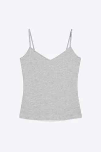 Camiseta sin mangas ajustada de algodón con cuello en V – Gris claro melange
