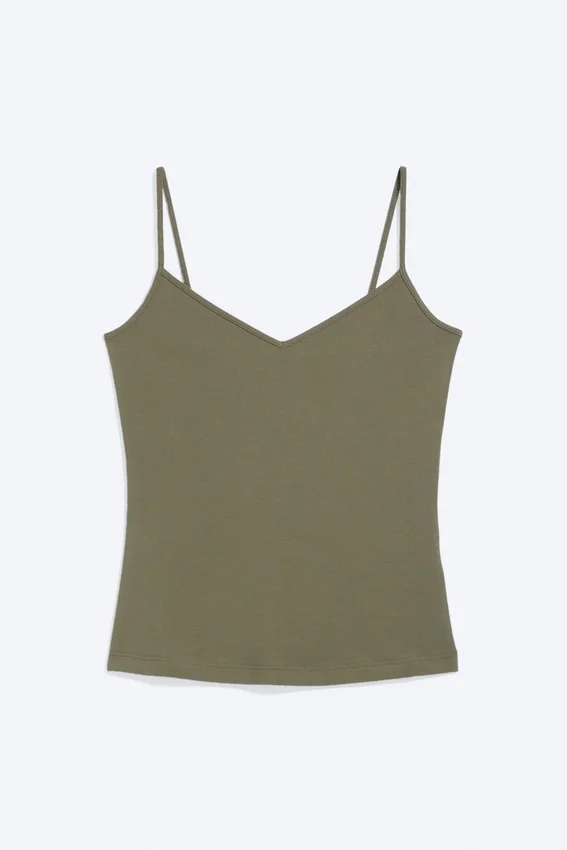 Camiseta sin mangas ajustada de algodón con cuello en V – Verde caqui apagado Camiseta sin mangas ajustada de algodón con cuello en V – Verde caqui apagado