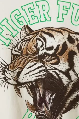 Camiseta universitaria de manga corta con estampados – Blanca y verde – Tiger Fury