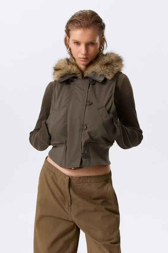 Chaleco bomber con capucha convertible – Gris oscuro Chaleco bomber con capucha convertible – Gris oscuro