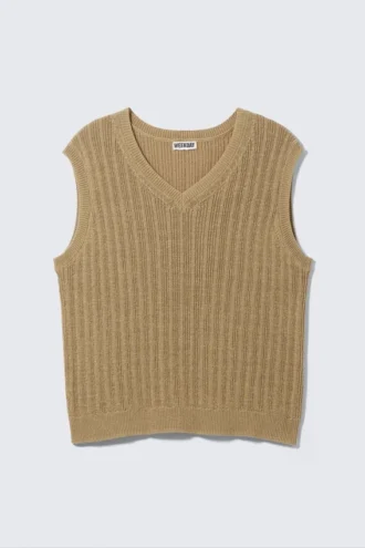 Chaleco de punto acanalado con cuello en V – Beige
