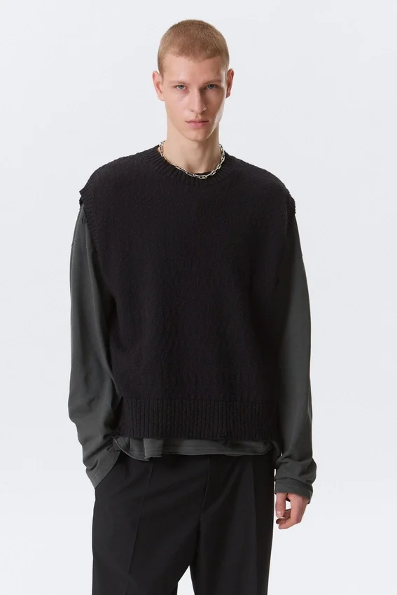 Chaleco de punto desgastado de corte holgado – Negro Chaleco de punto desgastado de corte holgado – Negro