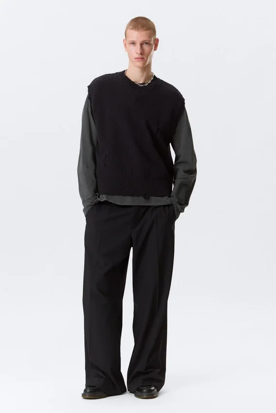 Chaleco de punto desgastado de corte holgado – Negro Chaleco de punto desgastado de corte holgado – Negro