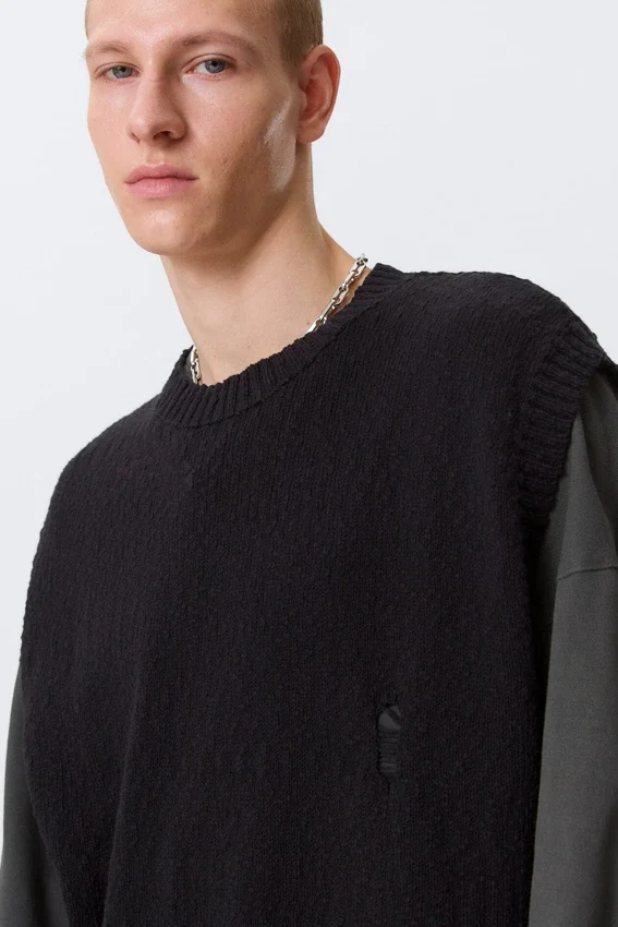 Chaleco de punto desgastado de corte holgado – Negro Chaleco de punto desgastado de corte holgado – Negro