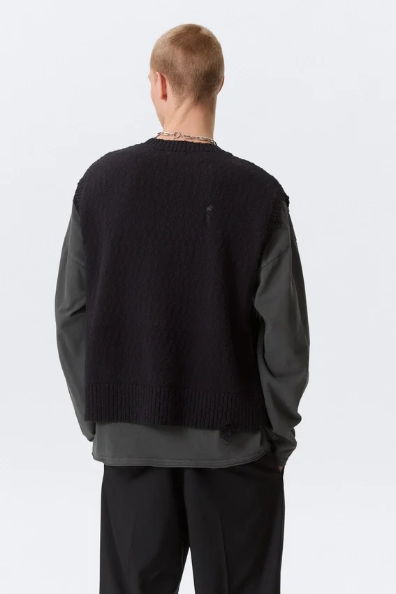 Chaleco de punto desgastado de corte holgado – Negro Chaleco de punto desgastado de corte holgado – Negro