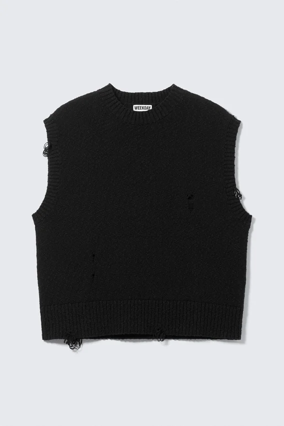 Chaleco de punto desgastado de corte holgado – Negro Chaleco de punto desgastado de corte holgado – Negro