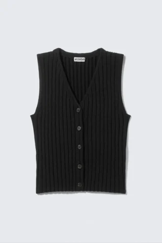 Chaleco de punto elástico con cuello en V – Negro