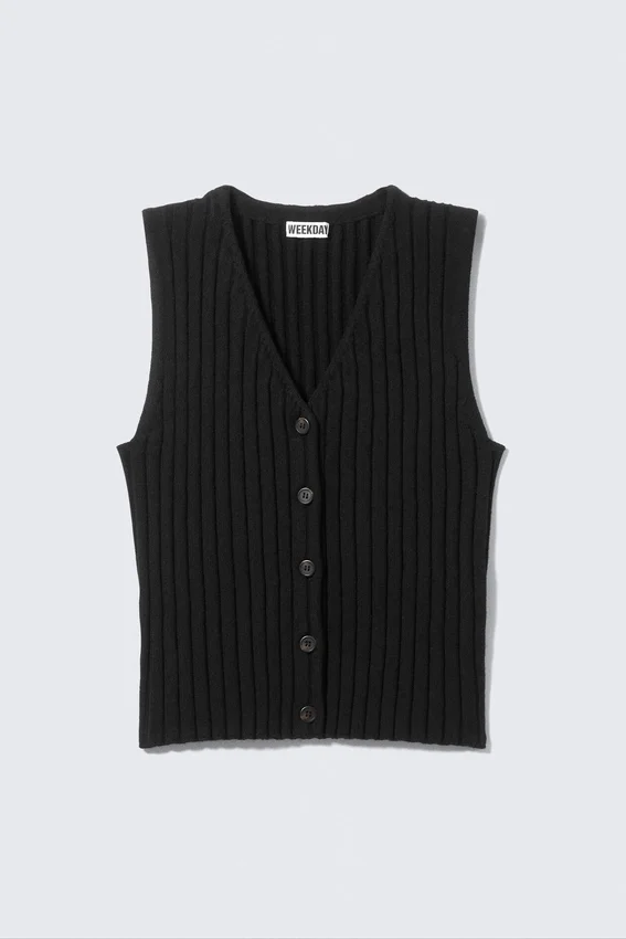 Chaleco de punto elástico con cuello en V – Negro Chaleco de punto elástico con cuello en V – Negro