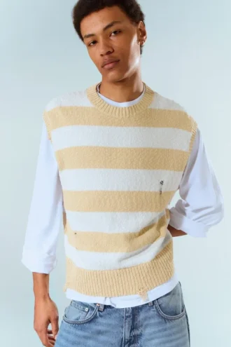 Chaleco sin mangas de punto desgastado de corte holgado – Rayas azules y beige