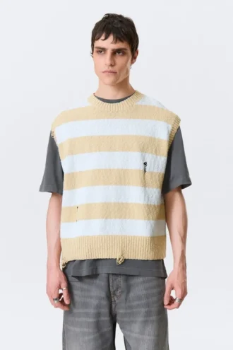 Chaleco sin mangas de punto desgastado de corte holgado – Rayas azules y beige