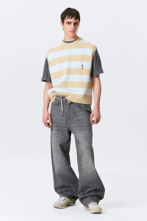 Chaleco sin mangas de punto desgastado de corte holgado – Rayas azules y beige Chaleco sin mangas de punto desgastado de corte holgado – Rayas azules y beige