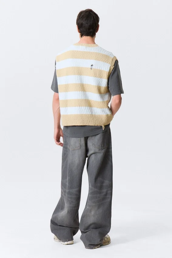 Chaleco sin mangas de punto desgastado de corte holgado – Rayas azules y beige Chaleco sin mangas de punto desgastado de corte holgado – Rayas azules y beige