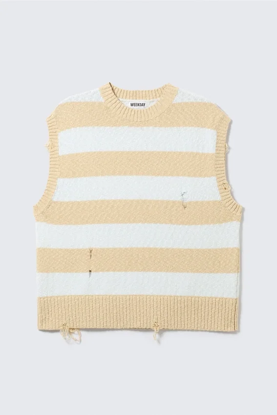 Chaleco sin mangas de punto desgastado de corte holgado – Rayas azules y beige Chaleco sin mangas de punto desgastado de corte holgado – Rayas azules y beige