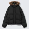 Chaqueta acolchada con capucha y ribete de piel sintética – Negro Chaqueta acolchada con capucha y ribete de piel sintética – Negro