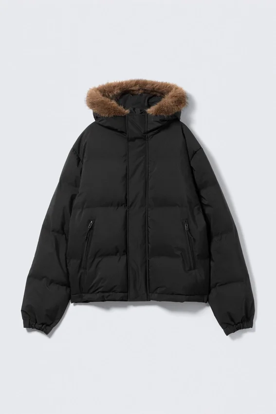 Chaqueta acolchada con capucha y ribete de piel sintética – Negro Chaqueta acolchada con capucha y ribete de piel sintética – Negro