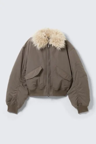 Chaqueta bomber con cuello de piel sintética – Dark Mole Chaqueta bomber con cuello de piel sintética – Dark Mole