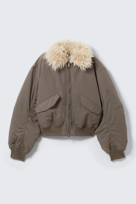 Chaqueta bomber con cuello de piel sintética – Dark Mole Chaqueta bomber con cuello de piel sintética – Dark Mole