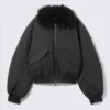 Chaqueta bomber con cuello de piel sintética – Gris oscuro