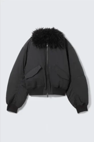 Chaqueta bomber con cuello de piel sintética – Gris oscuro Chaqueta bomber con cuello de piel sintética – Gris oscuro