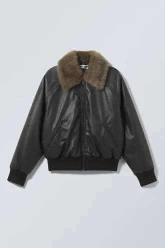 Chaqueta bomber de imitación de piel de corte holgado – Negro