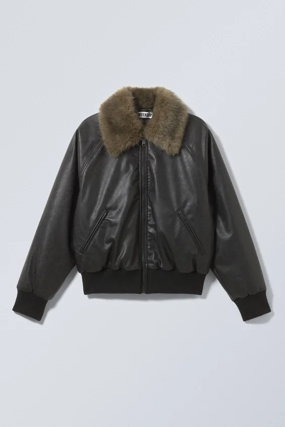 Chaqueta bomber de imitación de piel de corte holgado – Negro Chaqueta bomber de imitación de piel de corte holgado – Negro