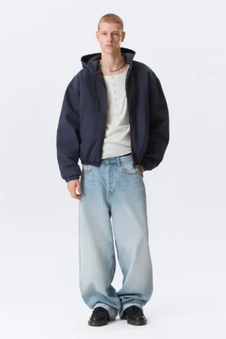 Chaqueta bomber holgada con capucha – Azul marino lavado