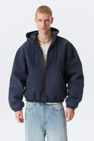 Chaqueta bomber holgada con capucha – Azul marino lavado