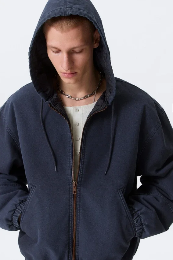 Chaqueta bomber holgada con capucha – Azul marino lavado Chaqueta bomber holgada con capucha – Azul marino lavado