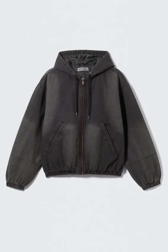 Chaqueta bomber holgada con capucha – Negro lavado Chaqueta bomber holgada con capucha – Negro lavado
