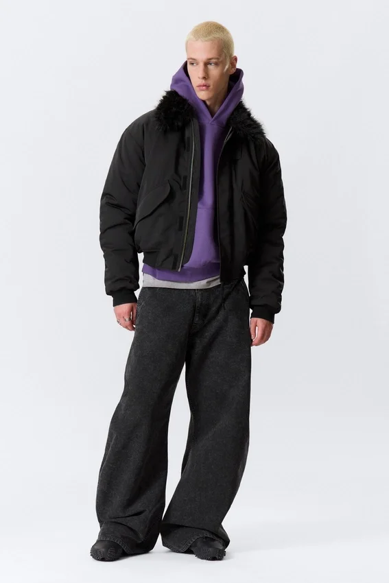 Chaqueta bomber holgada con cuello de piel sintética – Negro Chaqueta bomber holgada con cuello de piel sintética – Negro